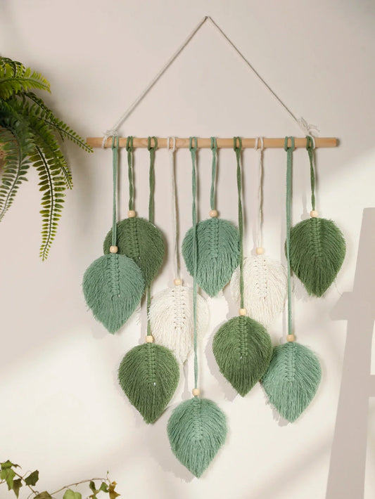Leaf Macrame Tapestry – Brown & Green Boho Wall Hanging for Cozy, Natural Home Decor
